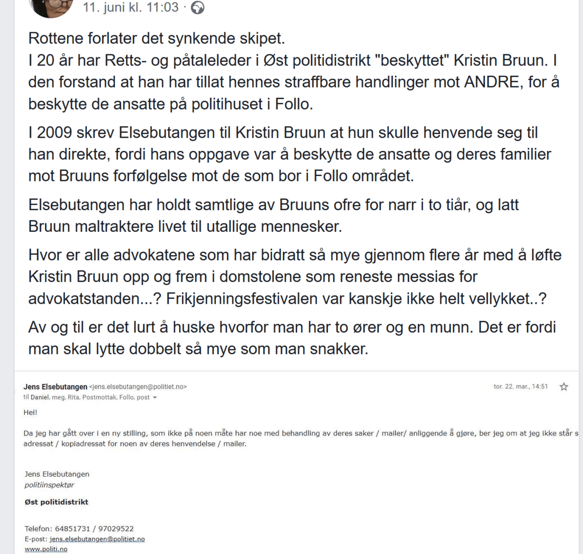Irene Hov publiserer mail fra politiinspektør Jens Elsebutangen
